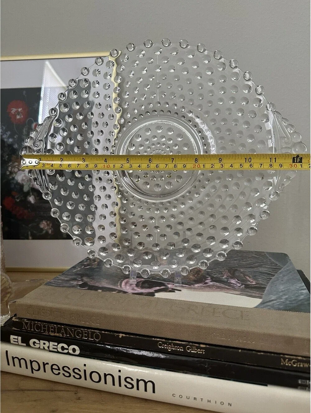Vintage Duncan & Miller Clear Hobnail Glass Handled Cake Plate Or Serving Tray